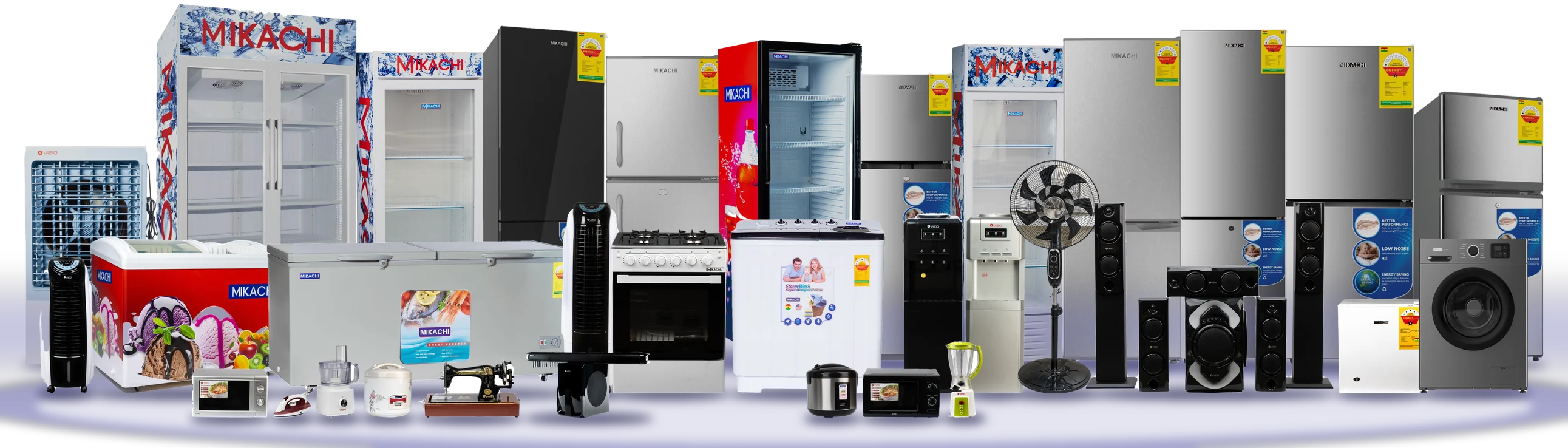 Appliances from the brands at Lava: fridges, freezers, air coolers, water dispensers, a cooker, washing machines, a home theatre, a sewing machine and small appliances